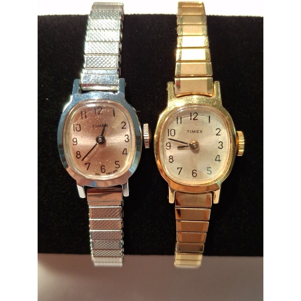 Two Womens Timex Watches With Stretch Bands. 1 Silvertone & 1 Goldtone.Both Work